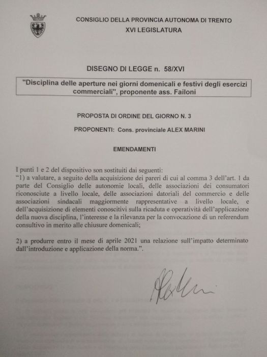 emendamento odg 3 referendum chiusure domenicali